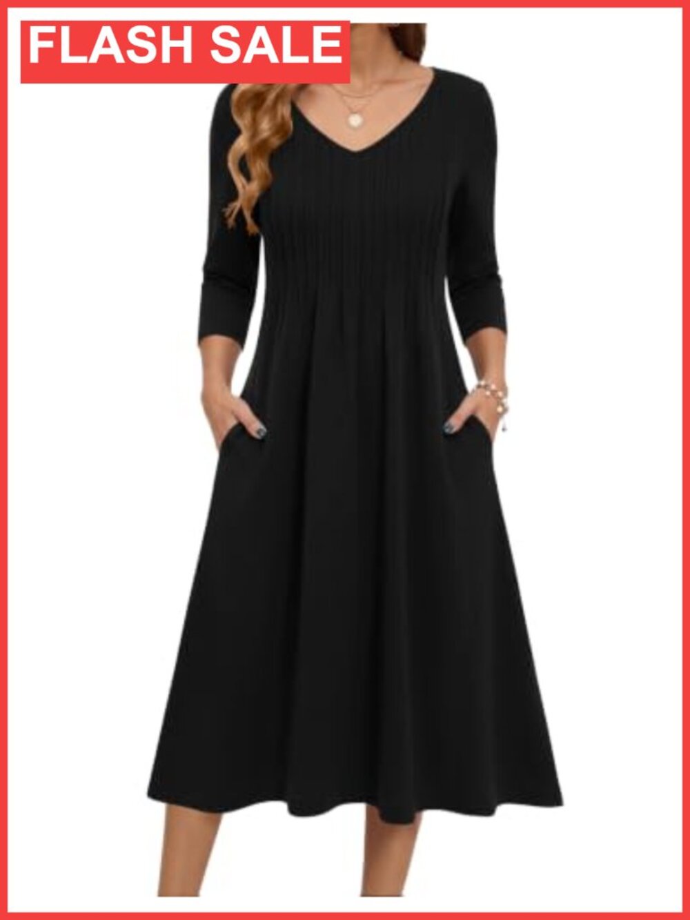 3/4 Sleeve Pleated Midi Dress with Pockets Casual V-Neck